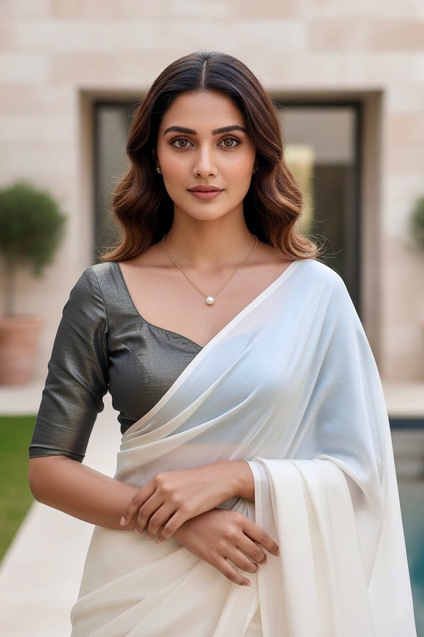 Woman wearing a dark silver blouse with traditional saree with a neutral background. Product by Umaid Couture