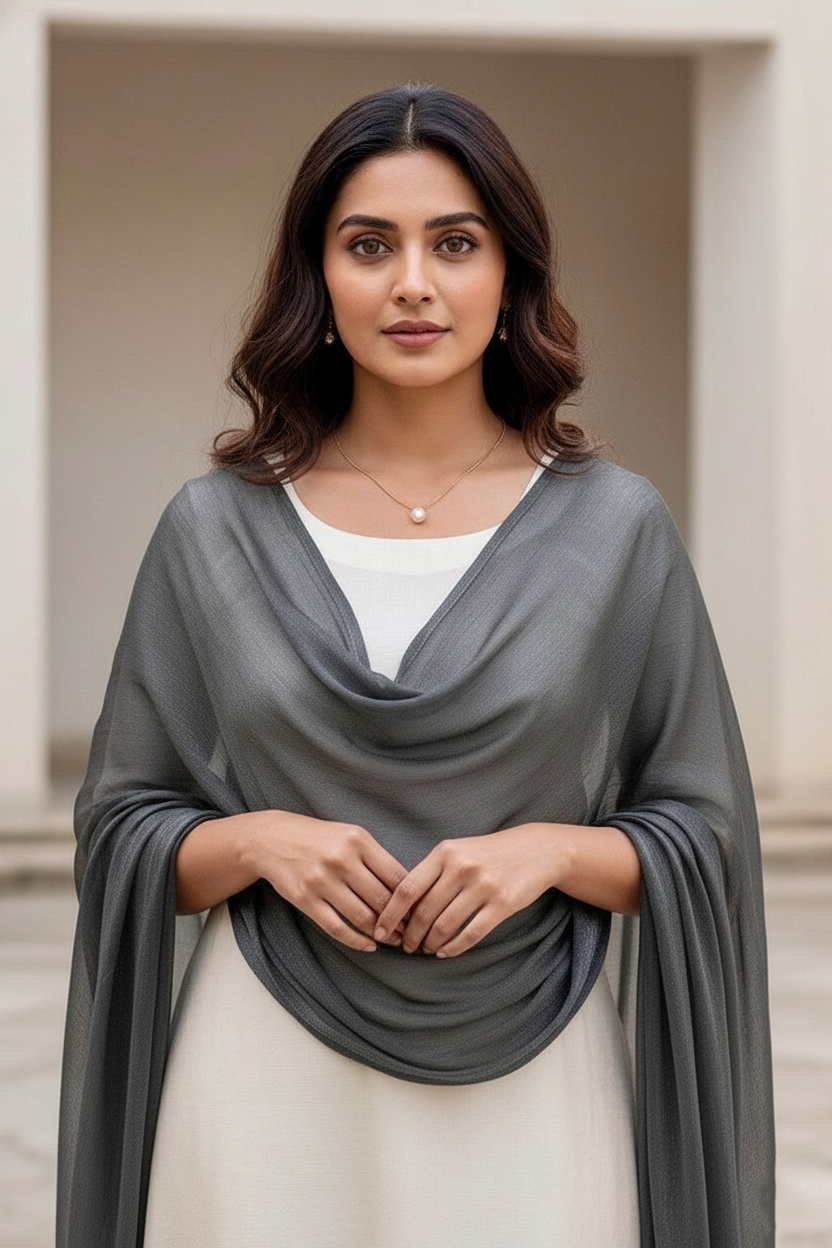 Woman wearing a gray draped garment over a white top and beige skirt. Product by Umaid Couture.