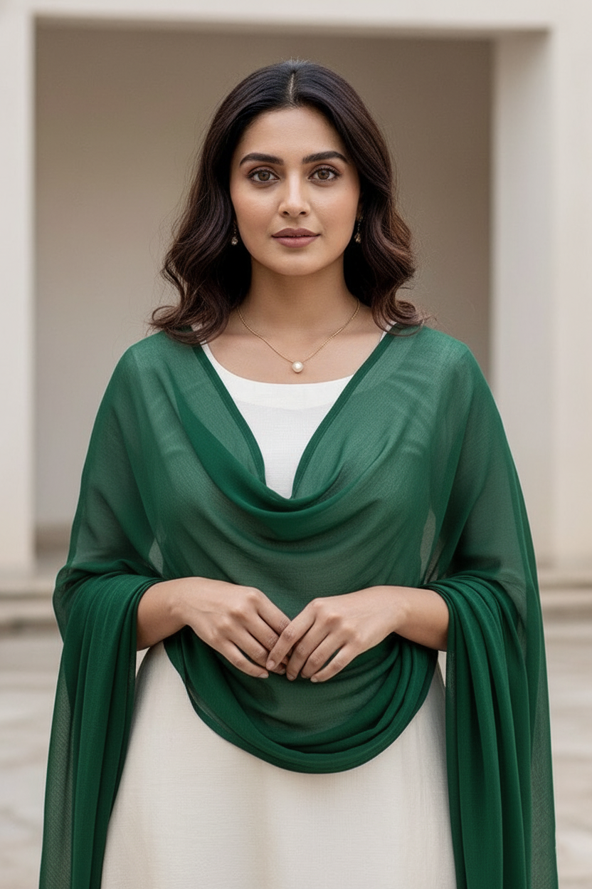 Woman wearing a green scarf over a white top in an outdoor setting. Product by Umaid Couture