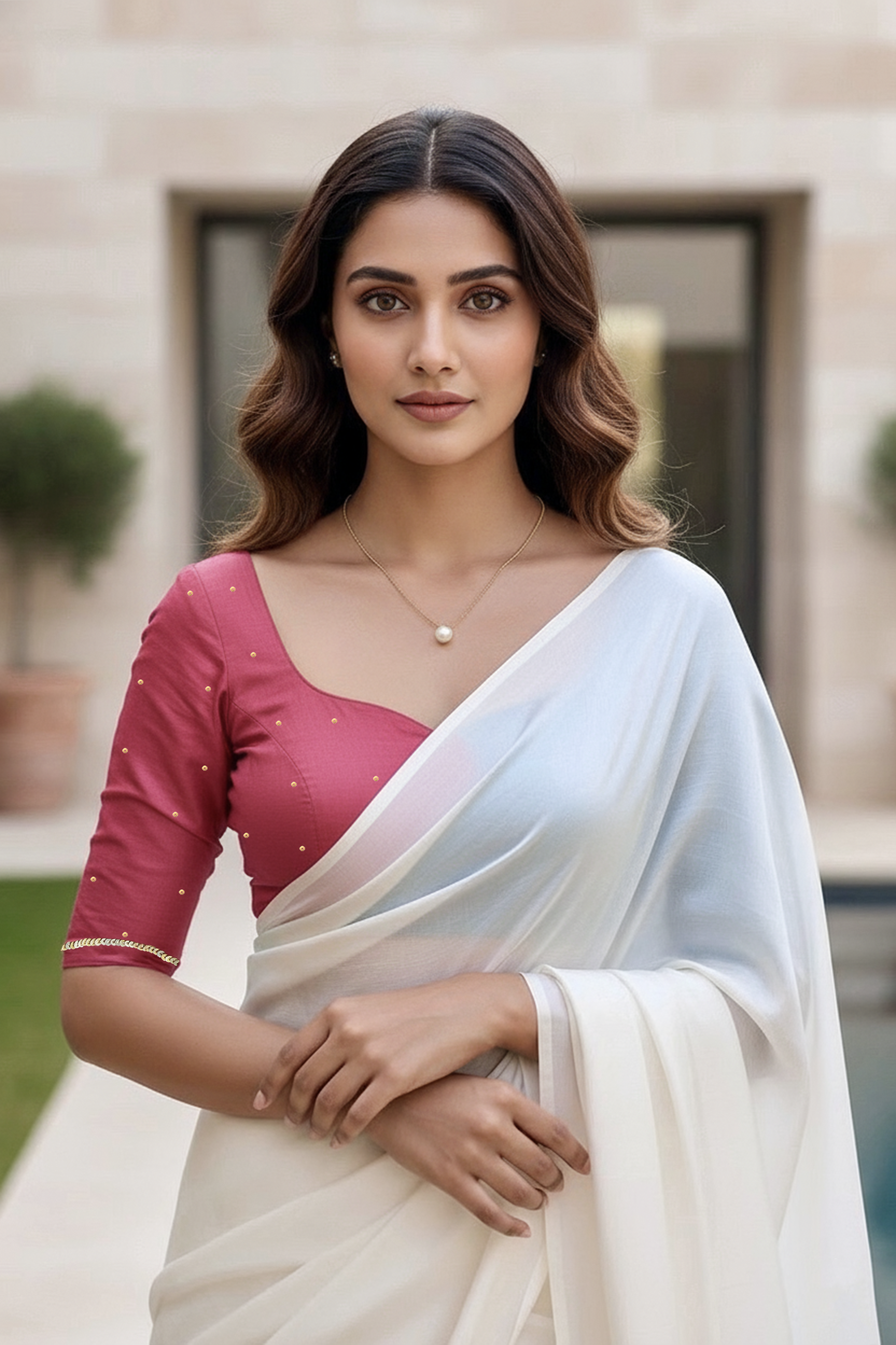 Woman wearing a pink blouse and white saree with a blurred background. product by Umaid Couture