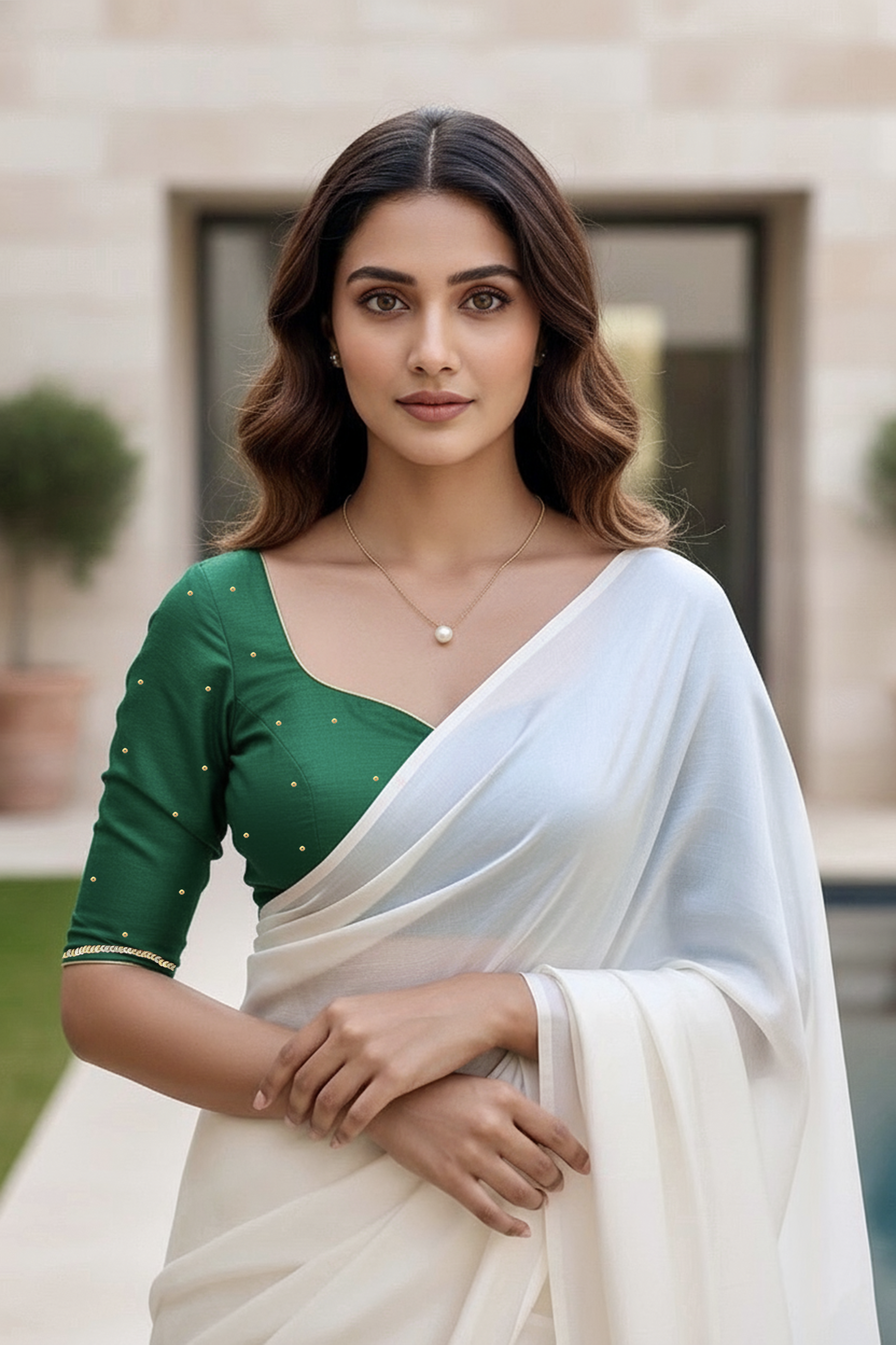 Woman wearing a green blouse and white saree with a blurred background. product by Umaid Couture