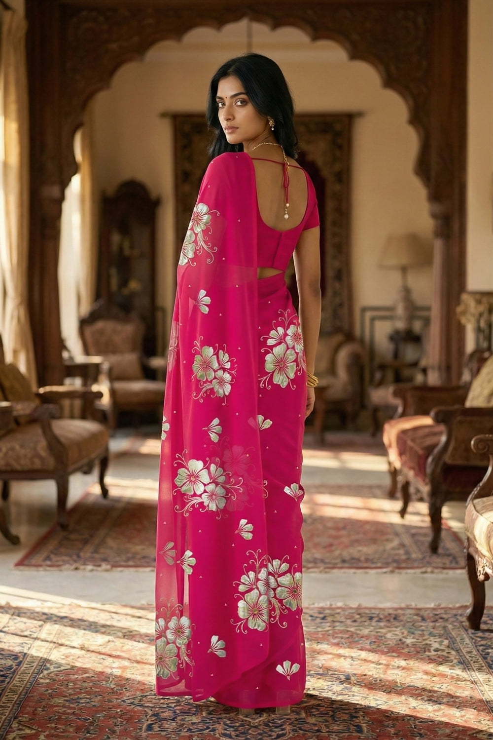 Model wearing a Pink Kusum Mulberry Silk  Chiffon saree embellished with Gota-Sequins Motifs by Umaid Couture