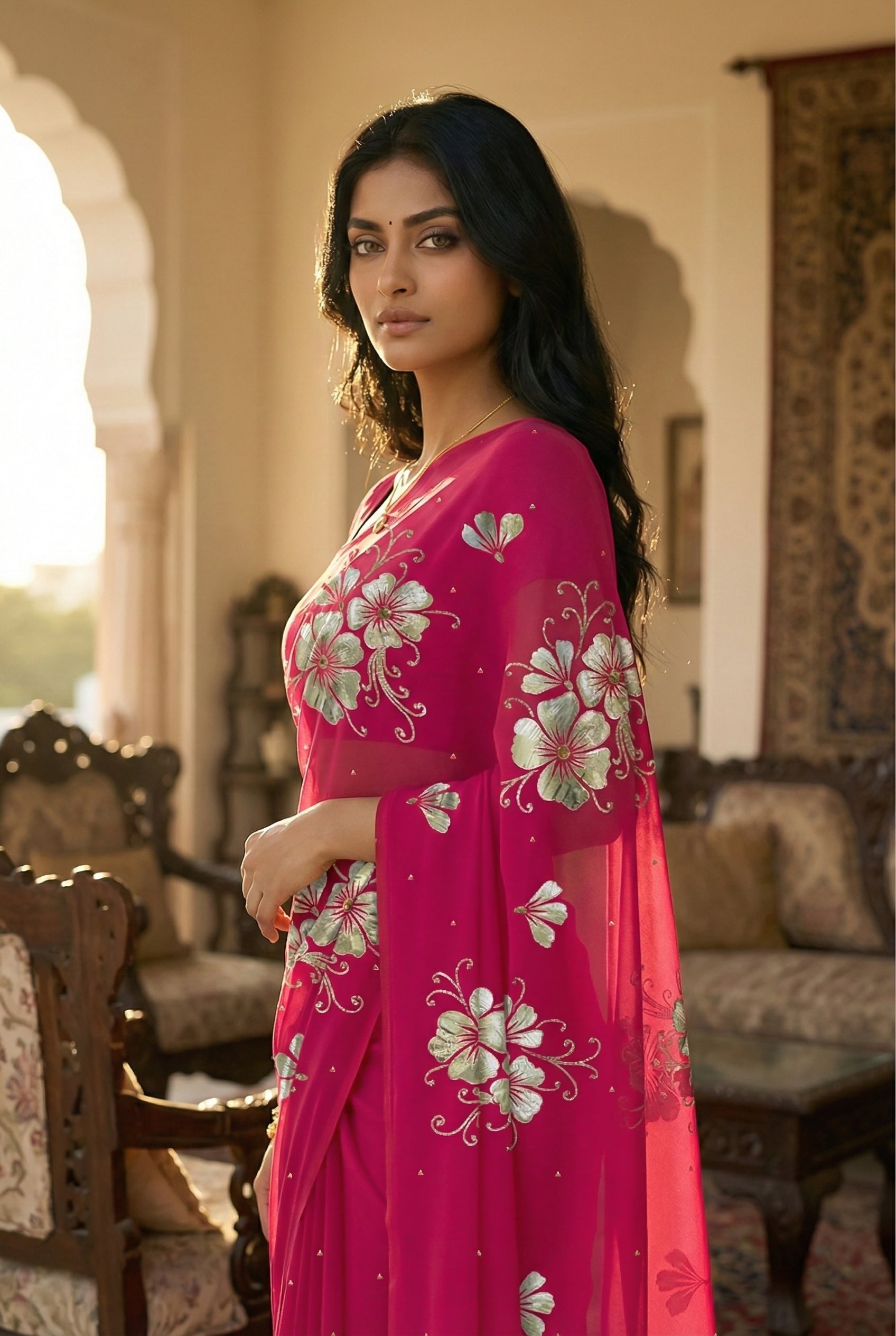 Model wearing a Pink Kusum Mulberry Silk  Chiffon saree embellished with Gota-Sequins Motifs by Umaid Couture