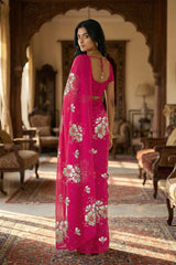 Model wearing a Pink Kusum Mulberry Silk  Chiffon saree embellished with Gota-Sequins Motifs by Umaid Couture