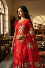 Model wearing a red Kusum Mulberry Silk  Chiffon saree embellished with Gota-Sequins Motifs by Umaid Couture