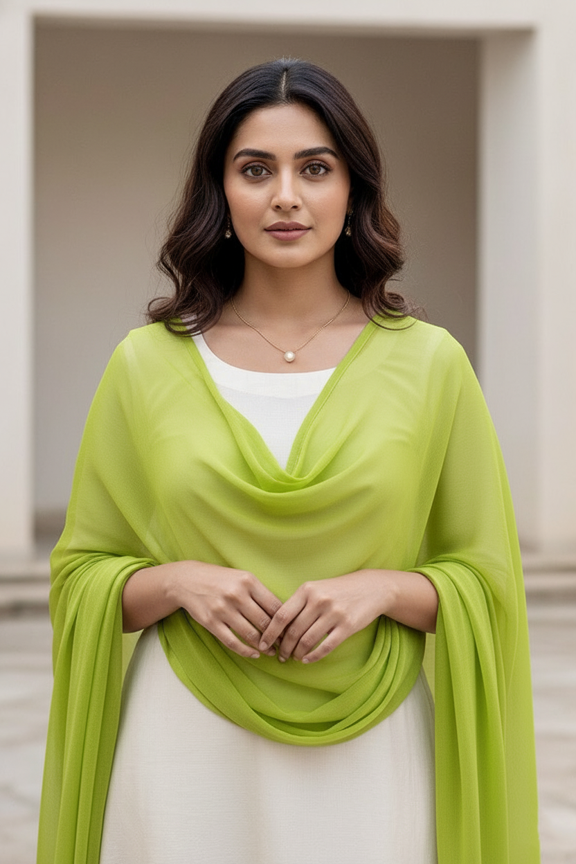 Woman wearing a green scarf over a white top in an outdoor setting. Product by Umaid Couture
