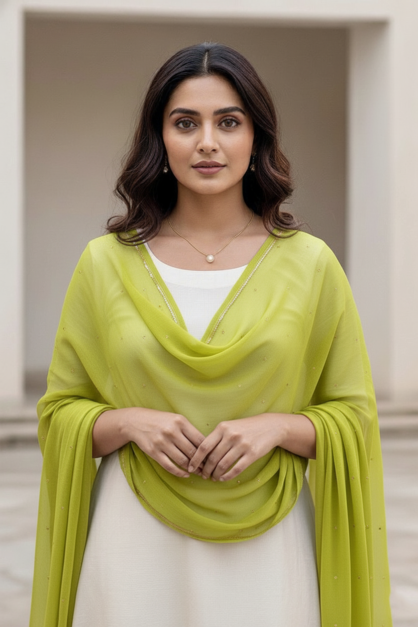 Woman wearing a green scarf over a white outfit with a neutral background. product by Umaid Couture