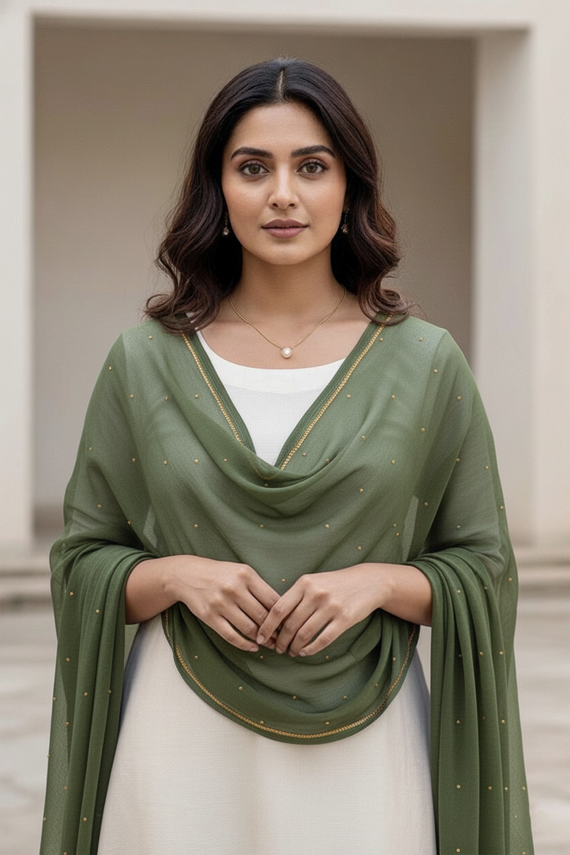 Woman wearing a green scarf over a white outfit with a neutral background. product by Umaid Couture