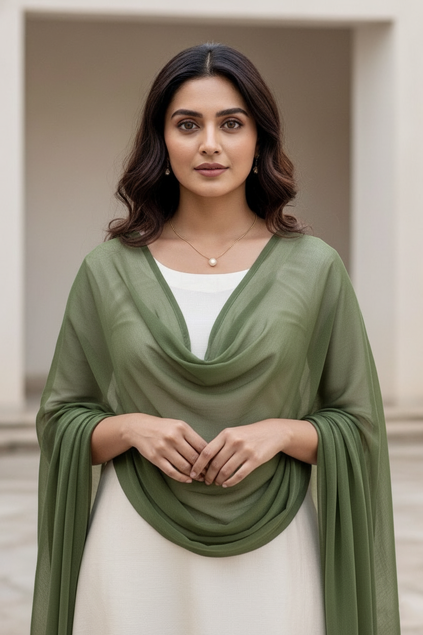 Woman wearing a green scarf over a white top in an outdoor setting. Product by Umaid Couture