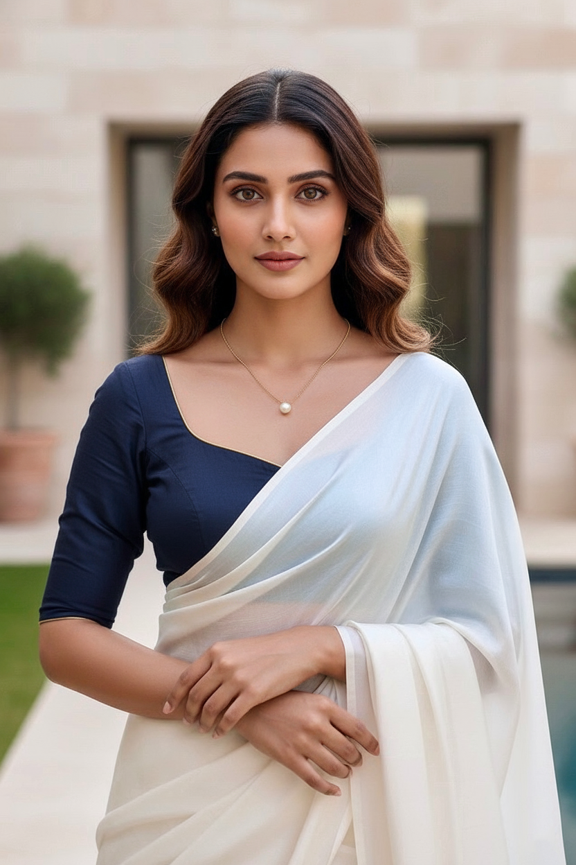 Woman wearing a white saree with a blue blouse in an outdoor setting. product by Umaid Couture