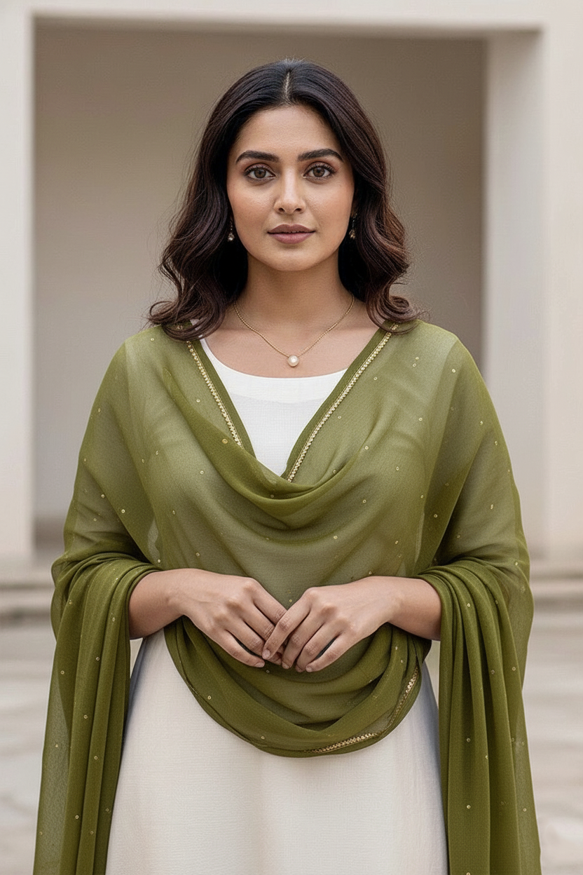 Woman wearing a green scarf over a white outfit with a neutral background. product by Umaid Couture