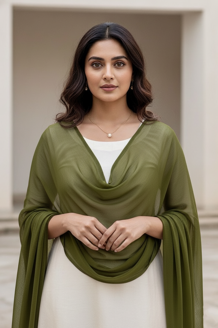 Woman wearing a green scarf over a white top in an outdoor setting. Product by Umaid Couture