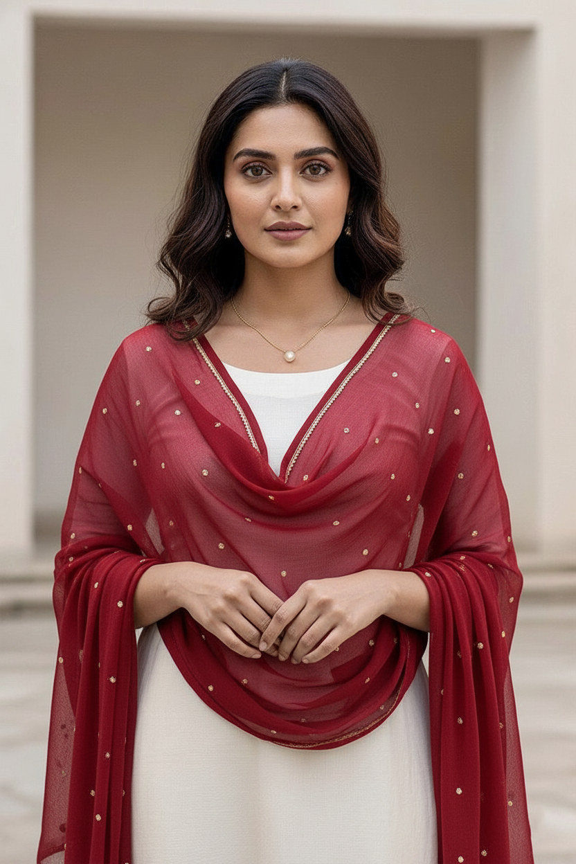 Woman wearing a dupatta over a white outfit by Umiad Couture with a neutral background