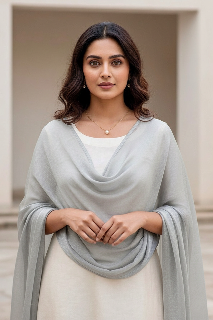 Woman wearing a light gray scarf over a white outfit with a neutral background. Product by Umaid Couture.