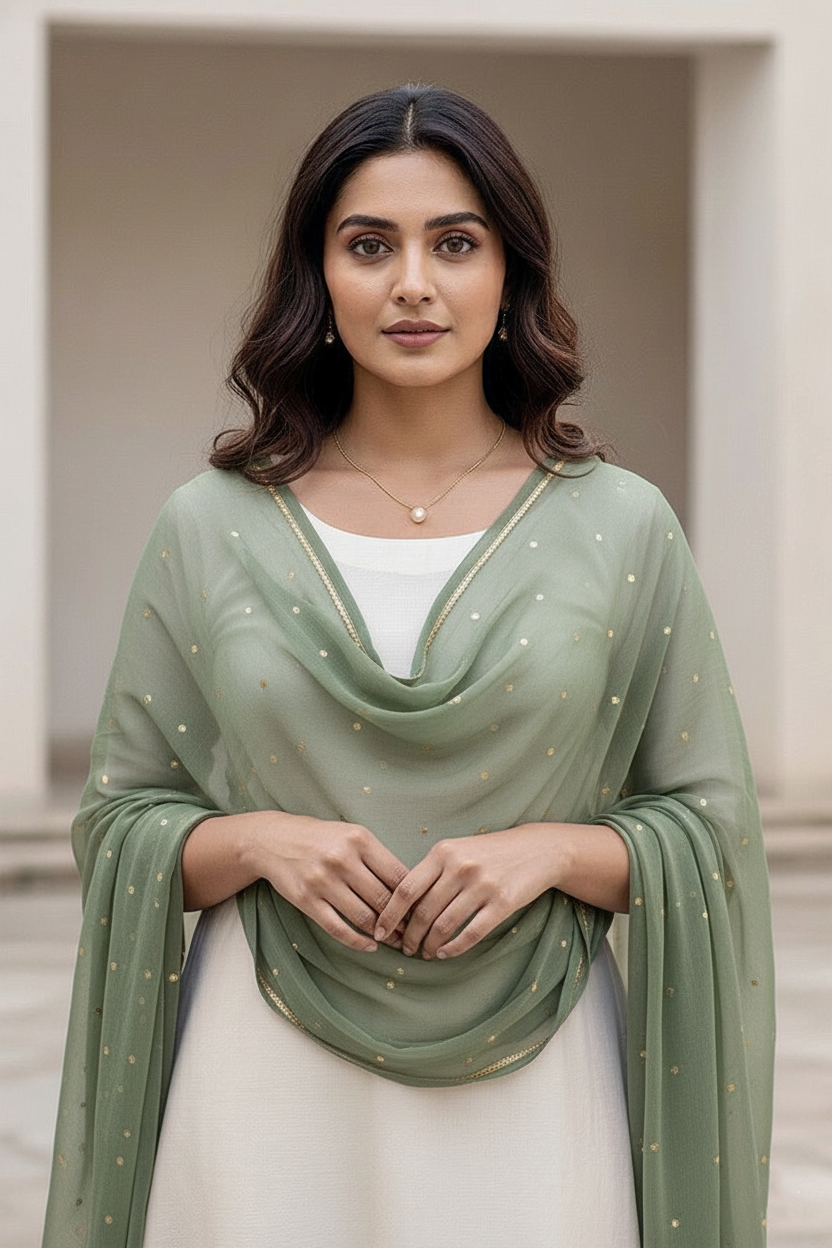 Woman wearing a green scarf over a white outfit with a neutral background. product by Umaid Couture