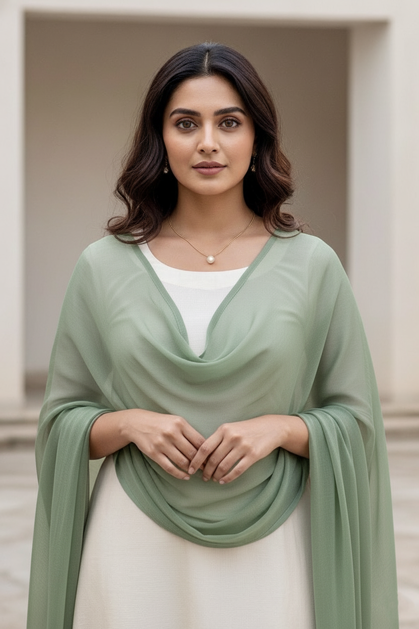 Woman wearing a green scarf over a white top in an outdoor setting. Product by Umaid Couture