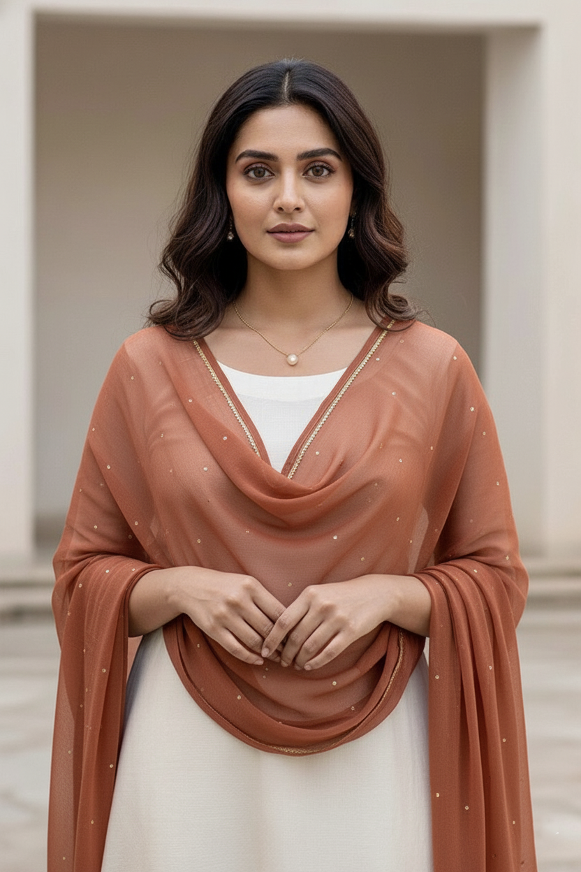 Woman wearing a red dupatta over a white outfit by Umiad Couture with a neutral background