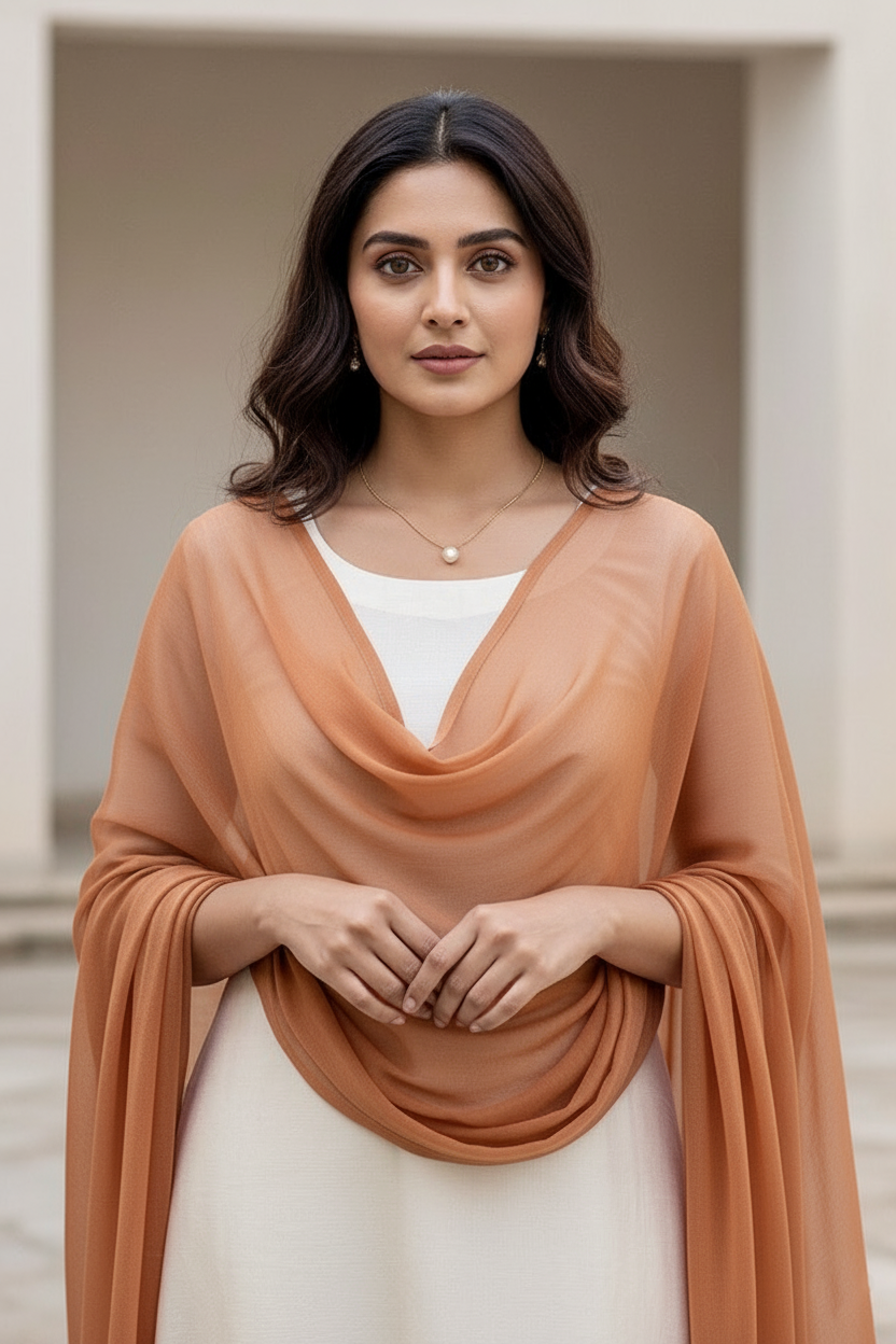 Woman wearing a dupatta over a white outfit by Umiad Couture with a neutral background