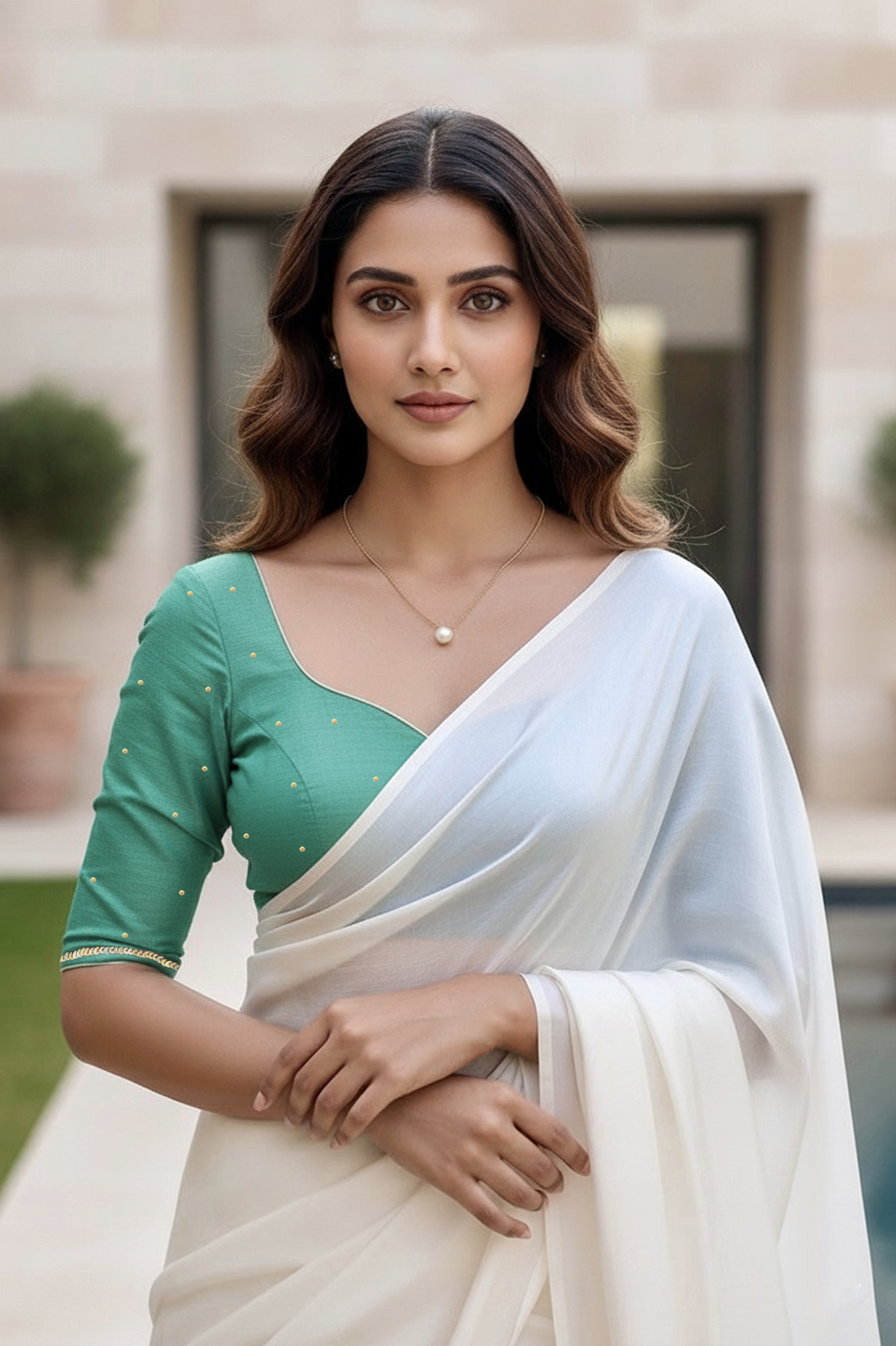 Woman wearing a green blouse and white saree with a blurred background. product by Umaid Couture