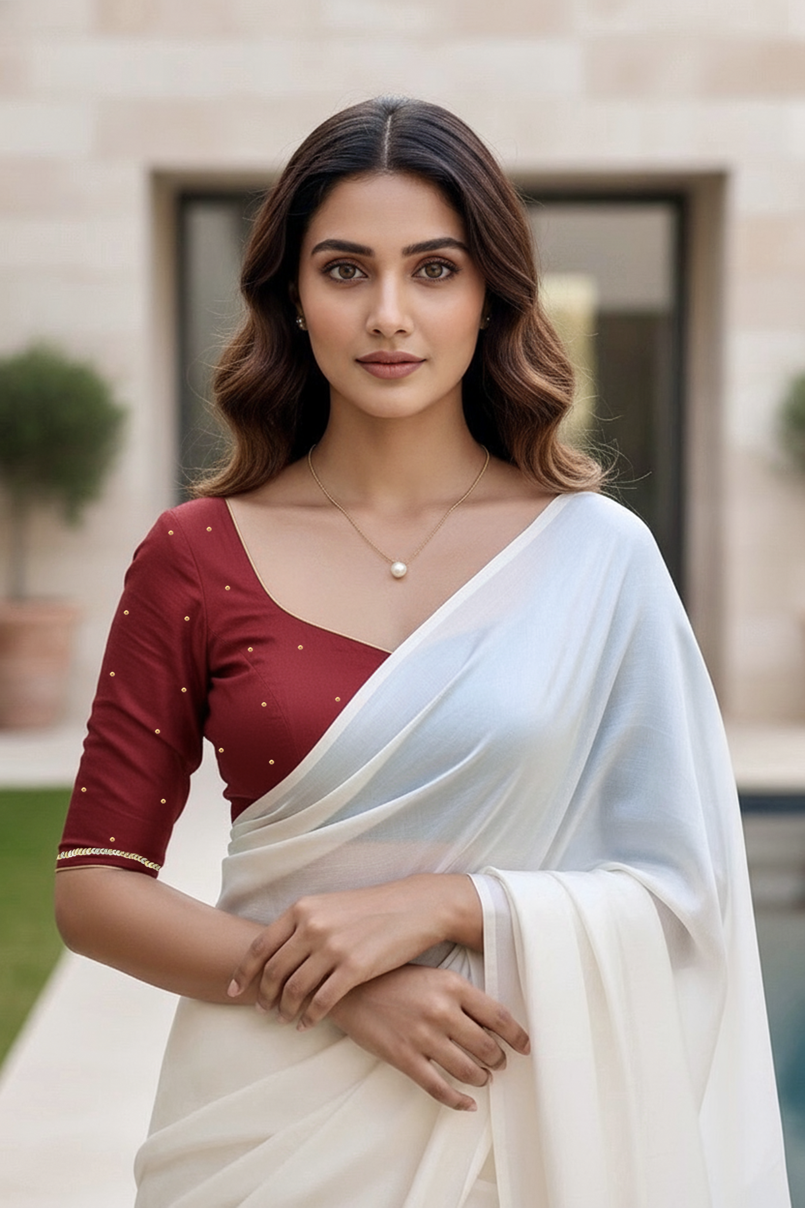 Woman wearing a white saree with a red blouse in an outdoor setting. product by Umaid Couture
