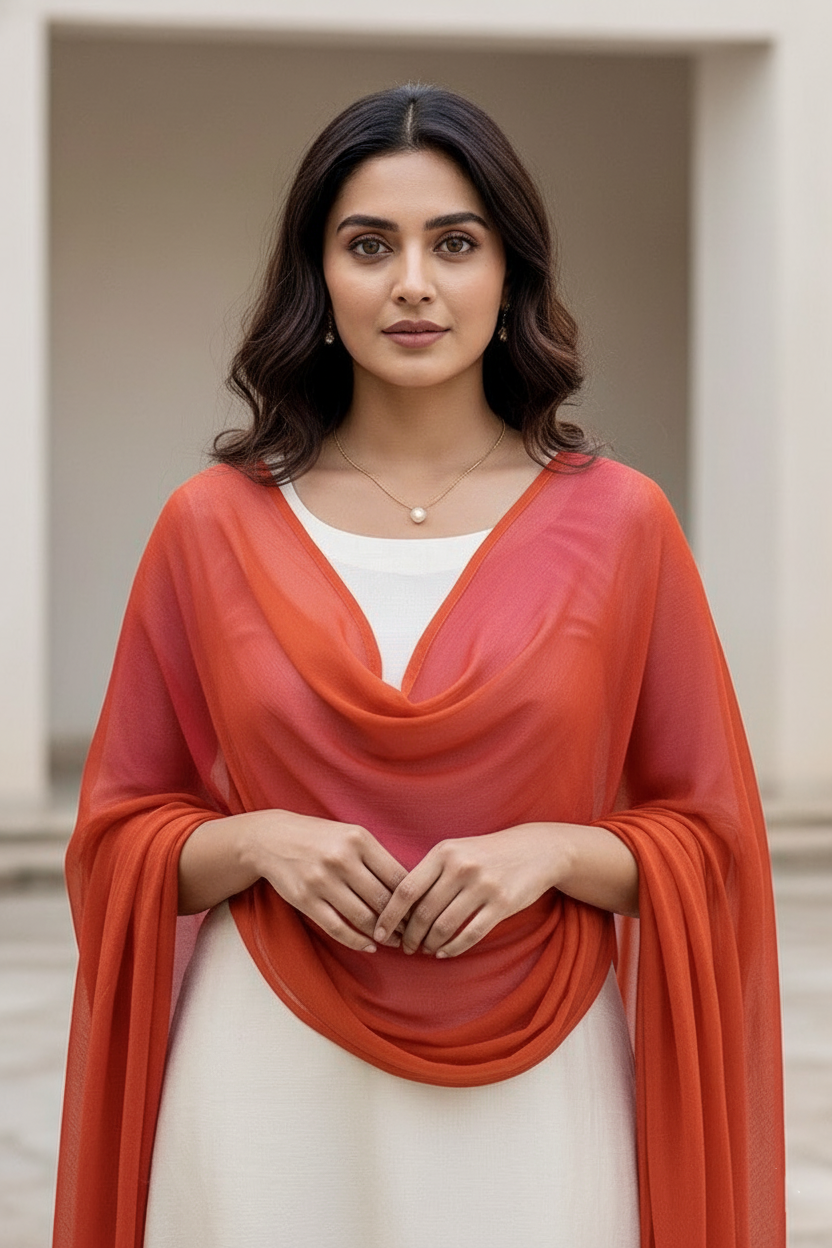Woman wearing an orange scarf over a white top by Umiad Couture with a neutral background