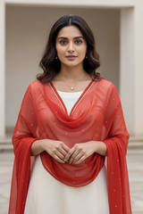 Woman wearing a dupatta over a white outfit by Umiad Couture with a neutral background