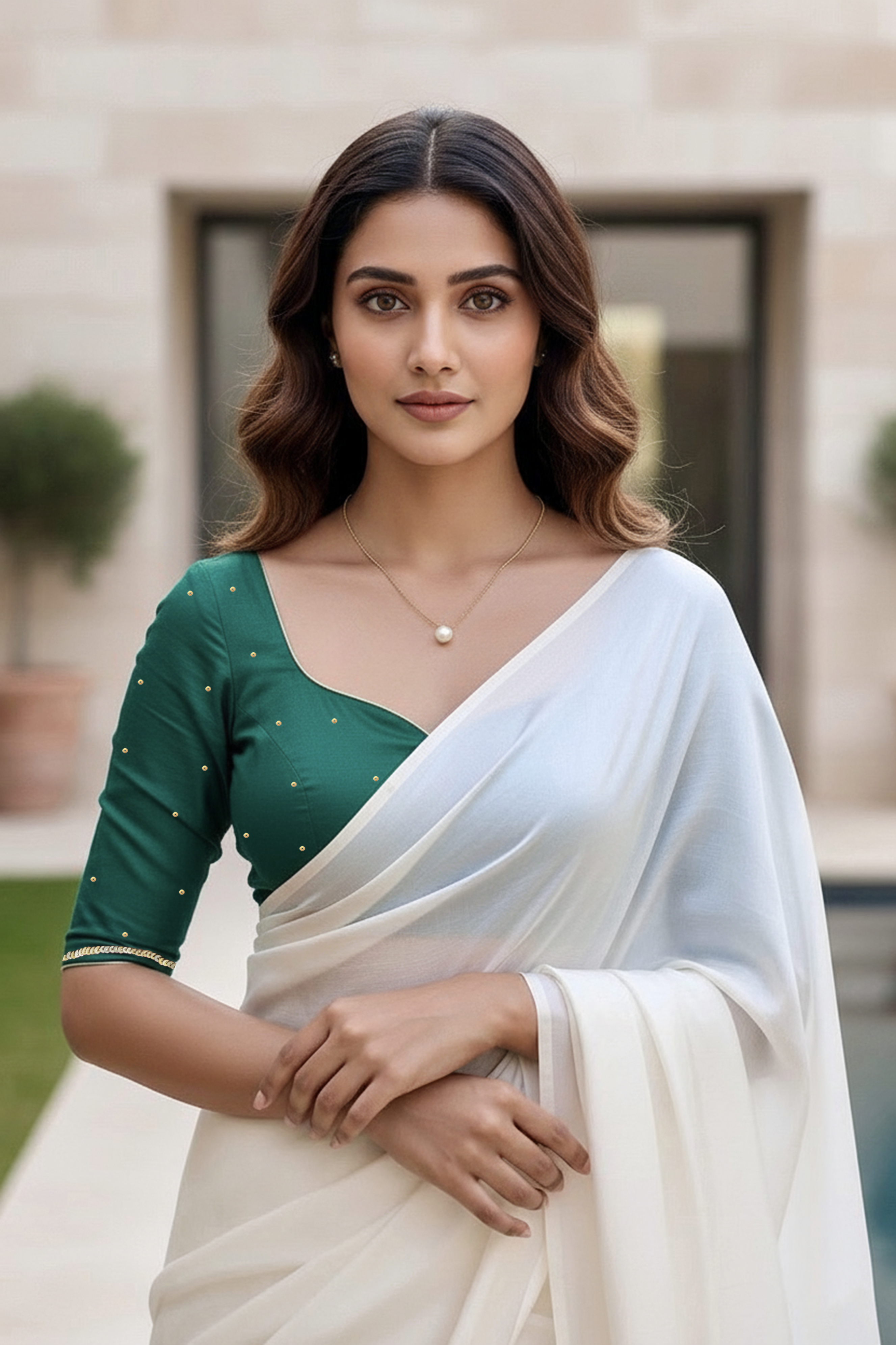 Woman wearing a green blouse and white saree with a blurred background. product by Umaid Couture