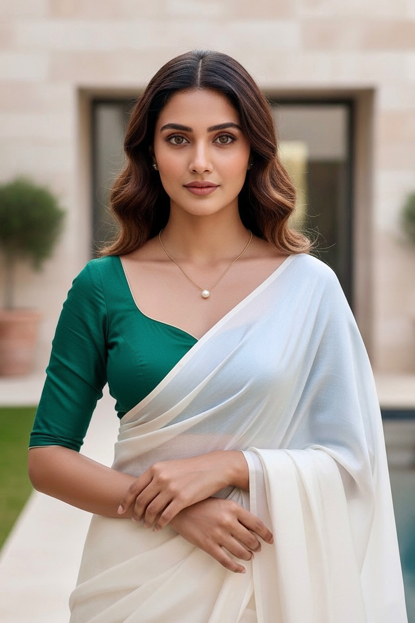 Woman wearing a green blouse and white saree outdoors. product by Umaid Couture