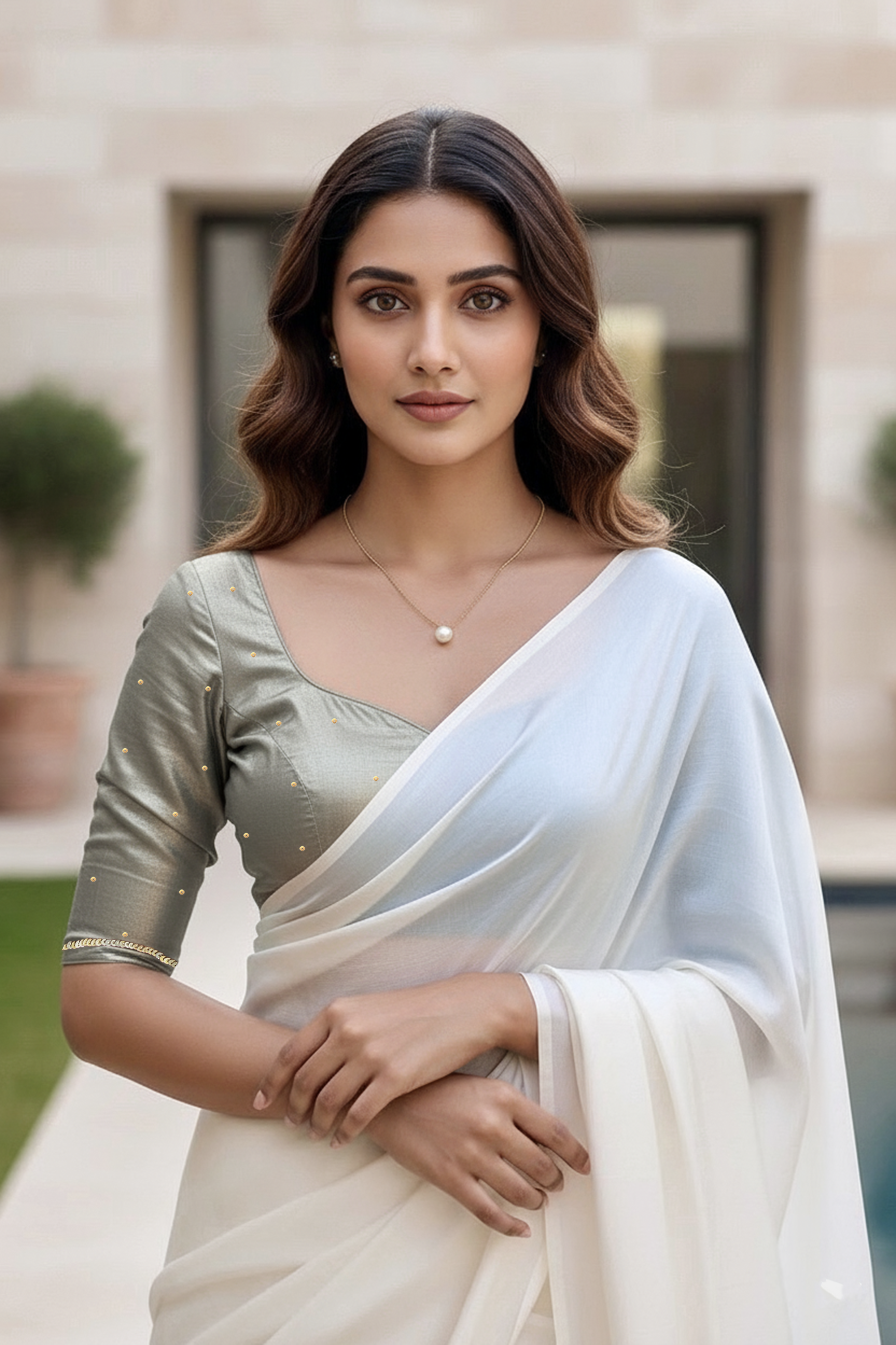 Woman wearing a zinc color blouse and white saree with a blurred background. Product by Umaid Couture